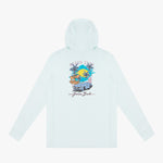Back view of a light blue hoodie with a beach graphic on a white background