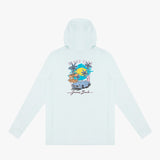 Back view of a light blue hoodie with a beach graphic on a white background
