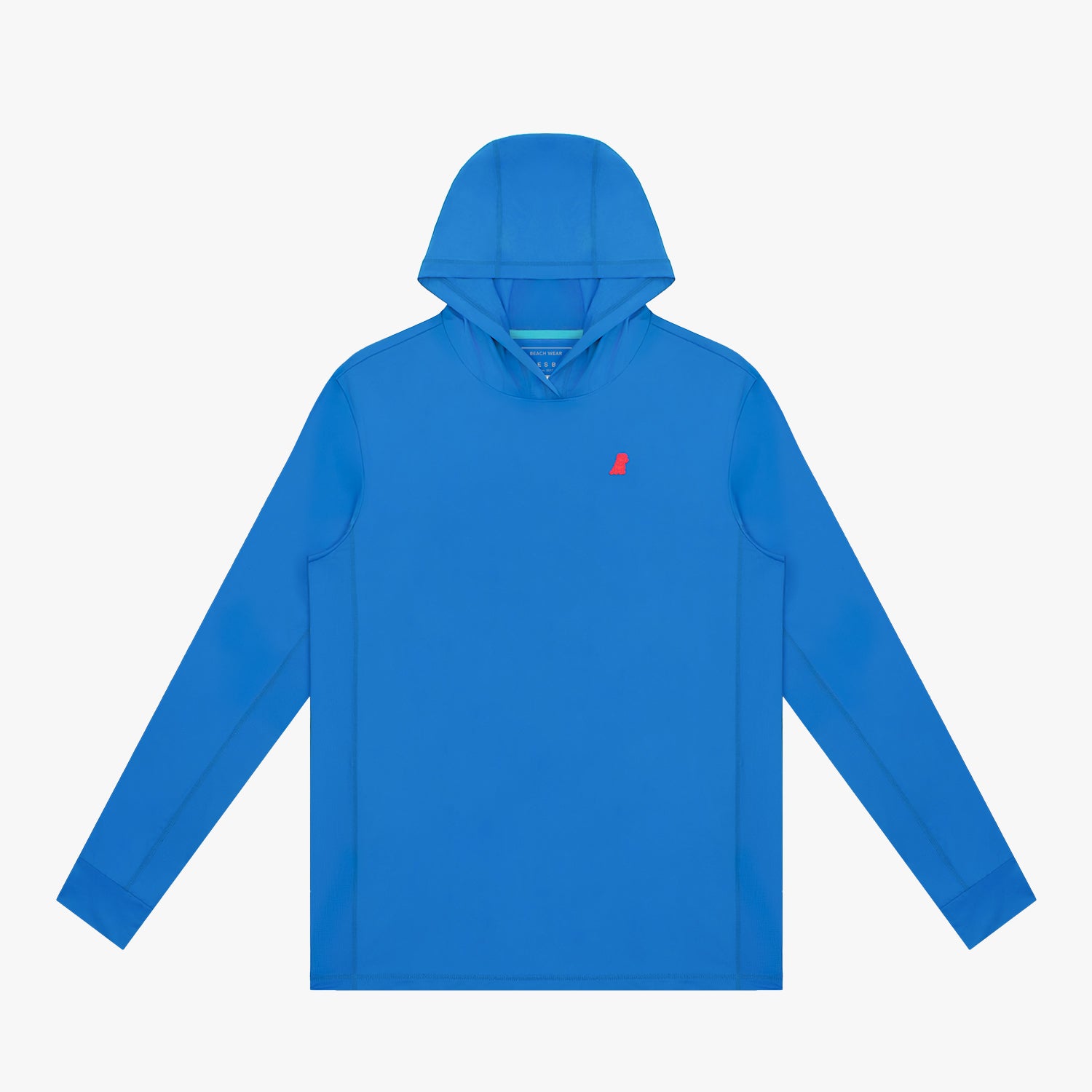 Blue rashguard with a small red logo on a light gray background