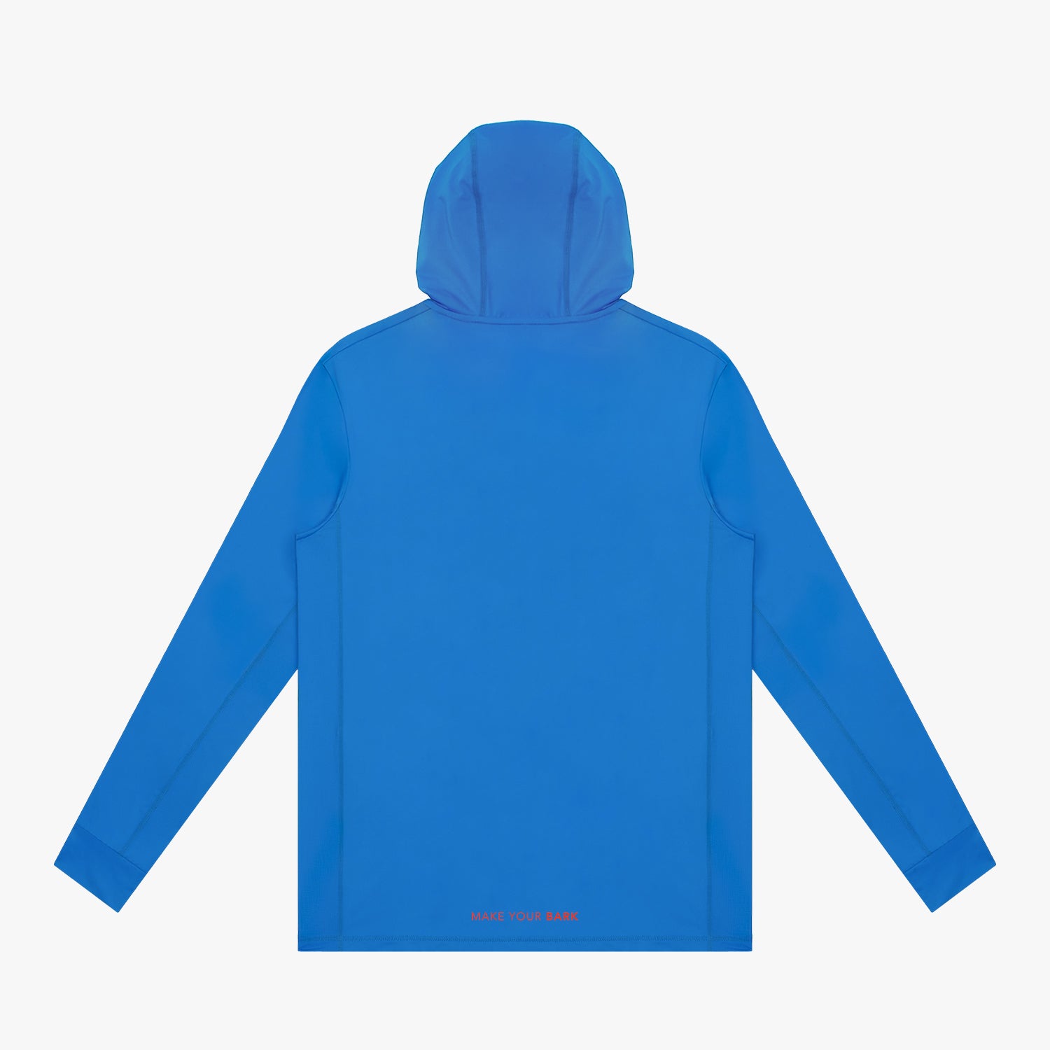 Back view of a blue hooded rashguard on a light gray background