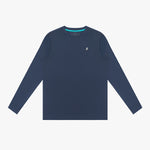 Navy long-sleeve rashguard with a small logo on a white background