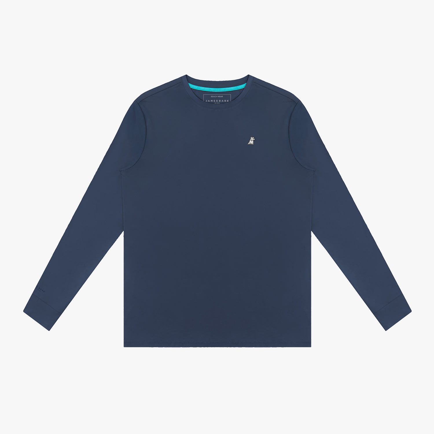 Navy long-sleeve rashguard with a small logo on a white background
