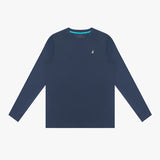 Navy long-sleeve rashguard with a small logo on a white background