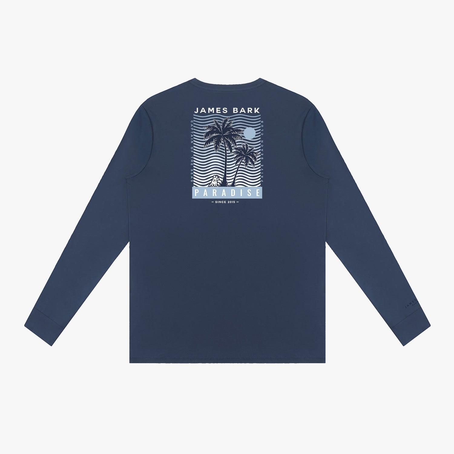 Back view of a navy blue rashguard with palm tree design and text on a white background