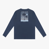 Back view of a navy blue rashguard with palm tree design and text on a white background