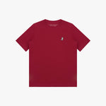 Flat lay front view of a red short-sleeved t-shirt with a small white and black embroidered logo on the left chest