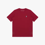 Flat lay front view of a red short-sleeved t-shirt with a small white and black embroidered logo on the left chest