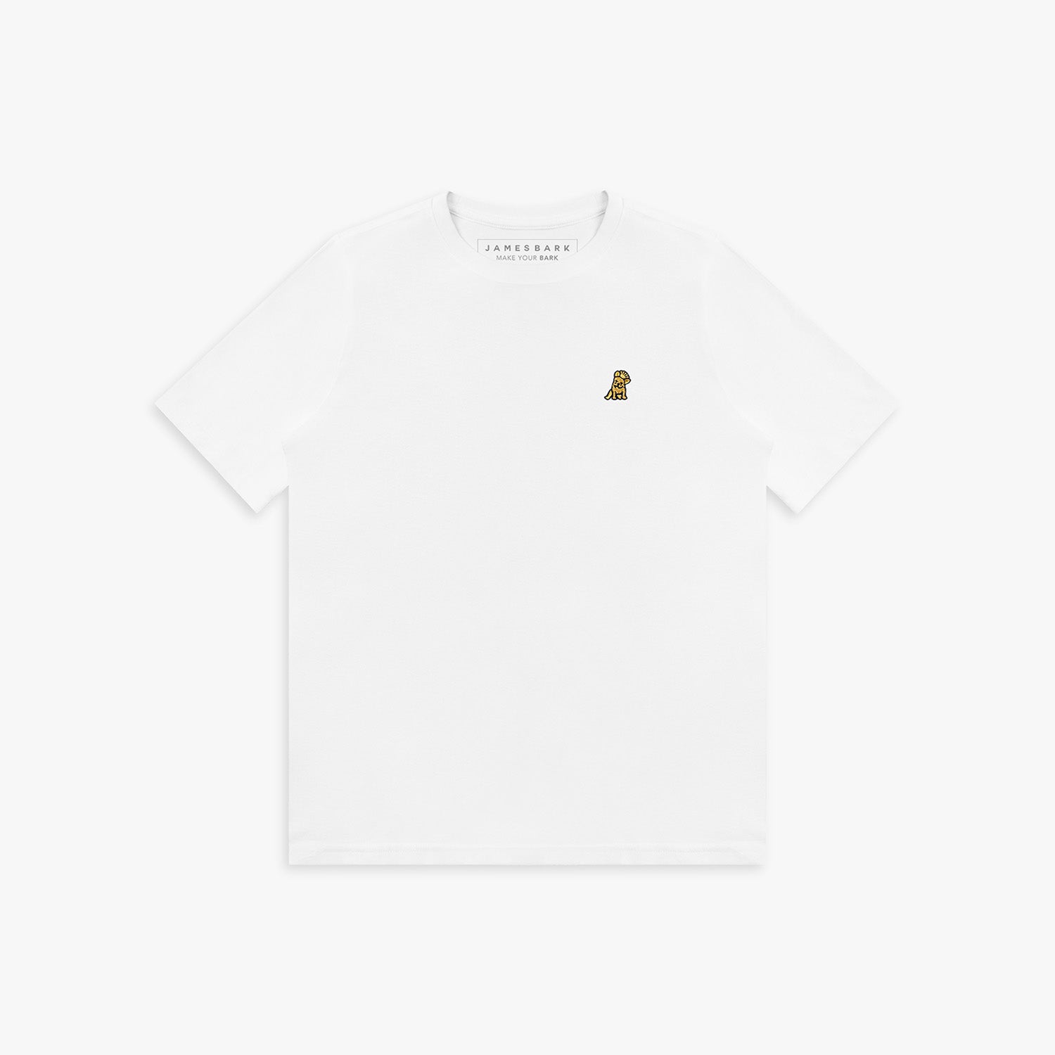Flat lay front view of a white short-sleeved t-shirt with a small yellow embroidered logo on the left chest and a neck label
