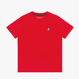 A red short-sleeved T-shirt with a small embroidered white dog logo on the upper left side. The neckline has a black inner lining with 'JAMES BARK' branding visible inside