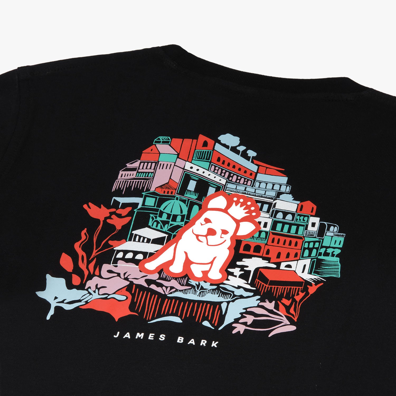 Close-up of the detailed graphic on the back of the black T-shirt, featuring vibrant colors and intricate design elements.