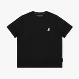 Flat lay of the front of the black T-shirt, showing the small embroidered logo on the chest.