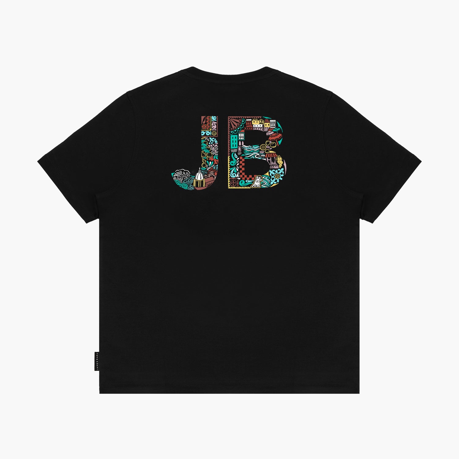 Flat-lay view of the black t-shirt showing the back with large "JB" lettering filled with a colorful design