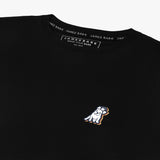 Close-up of the back graphic on the black T-shirt, showing the large decorative 'JB' logo and 'James Bark' text.