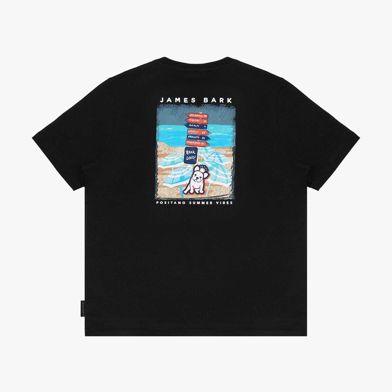 Flat-lay view of the black t-shirt showing the back with the large beach-themed graphic and dog illustration.