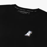 Close-up of the small embroidered logo on the front of the black t-shirt.