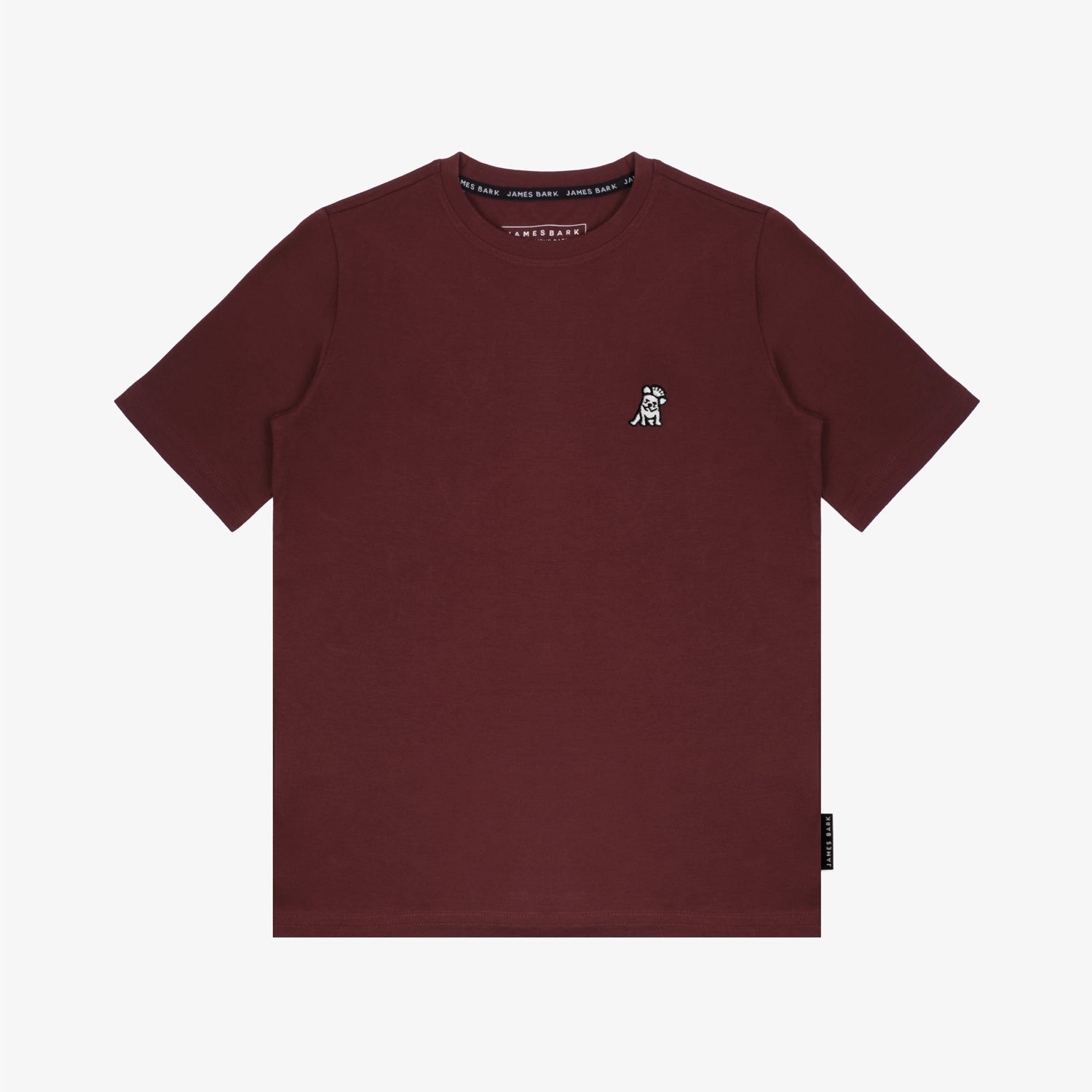 Flat-lay front view of the maroon t-shirt showing the small white embroidered logo on the chest.