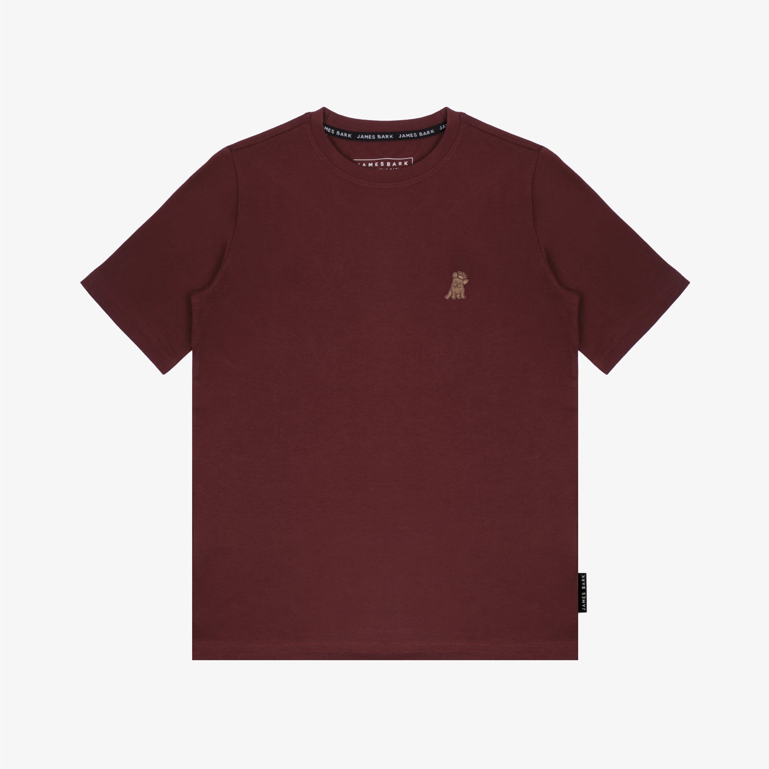 Flat-lay front view of the maroon t-shirt showing the small yellow embroidered logo on the chest.