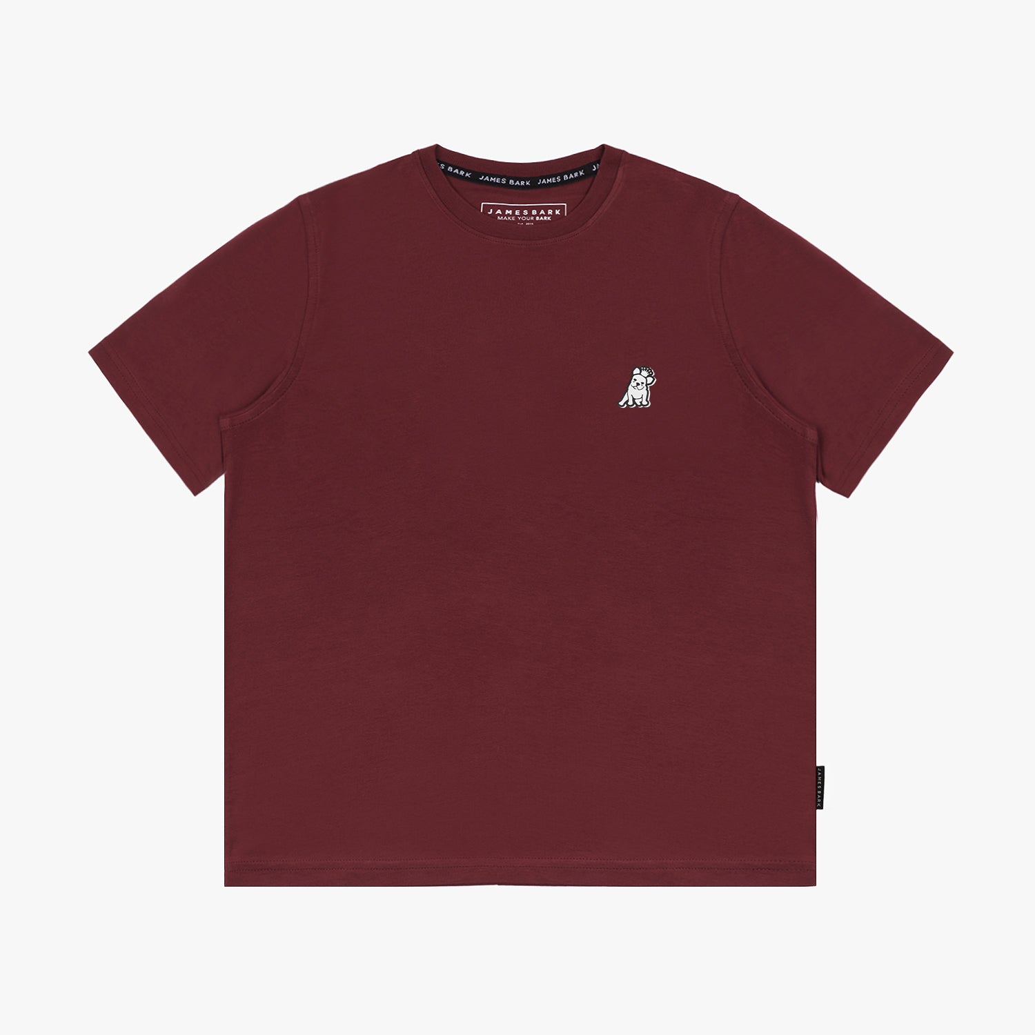 Flat-lay front view of the maroon t-shirt showing the small embroidered logo on the chest.