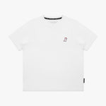 Flat lay of the front of the white T-shirt, showing the small embroidered logo on the chest.