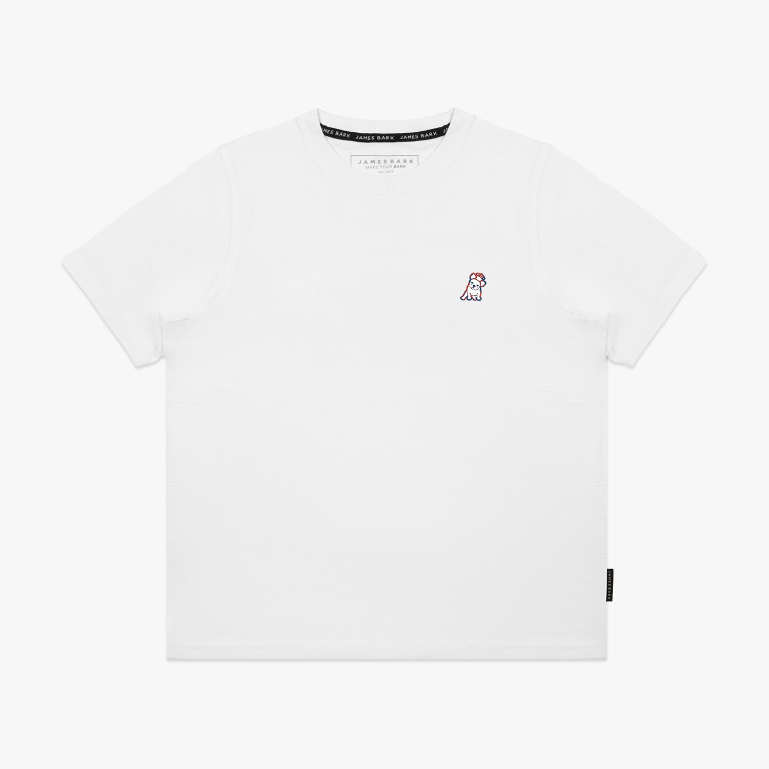 Flat lay of the front of the white T-shirt, showing the small embroidered logo on the chest.