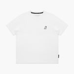 Flat-lay front view of the white t-shirt showing the small embroidered logo on the chest.