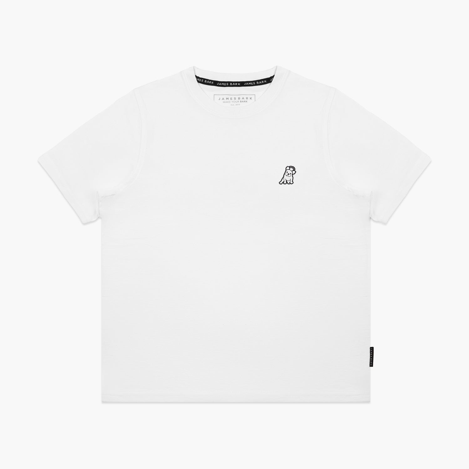 Flat-lay front view of the white t-shirt showing the small embroidered logo on the chest.