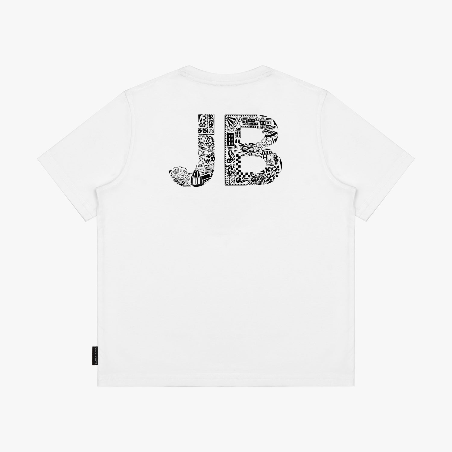 Flat-lay view of the white t-shirt showing the back with large "JB" lettering filled with a black design.