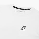 Close-up of the small embroidered logo on the front of the white t-shirt.