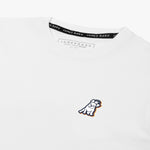 Close-up of the neckline and small decorative 'JB' logo on the chest of the white T-shirt.