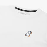 Close-up of the neckline and small decorative 'JB' logo on the chest of the white T-shirt.