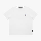 Flat-lay front view of the white t-shirt showing the small embroidered logo on the chest.