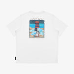  Flat-lay view of the white t-shirt showing the back with the large beach-themed graphic and dog illustration.