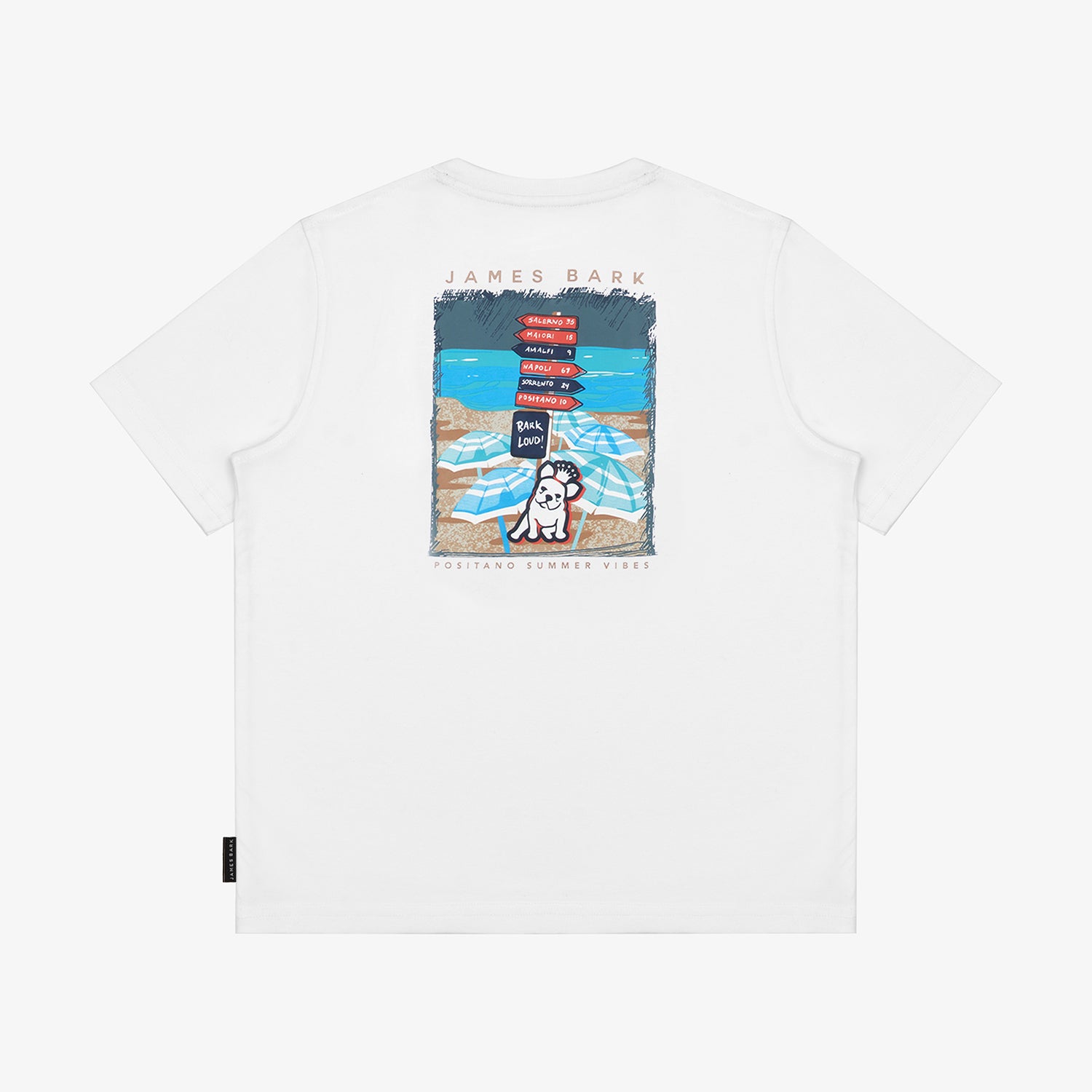  Flat-lay view of the white t-shirt showing the back with the large beach-themed graphic and dog illustration.