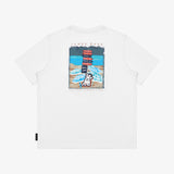  Flat-lay view of the white t-shirt showing the back with the large beach-themed graphic and dog illustration.