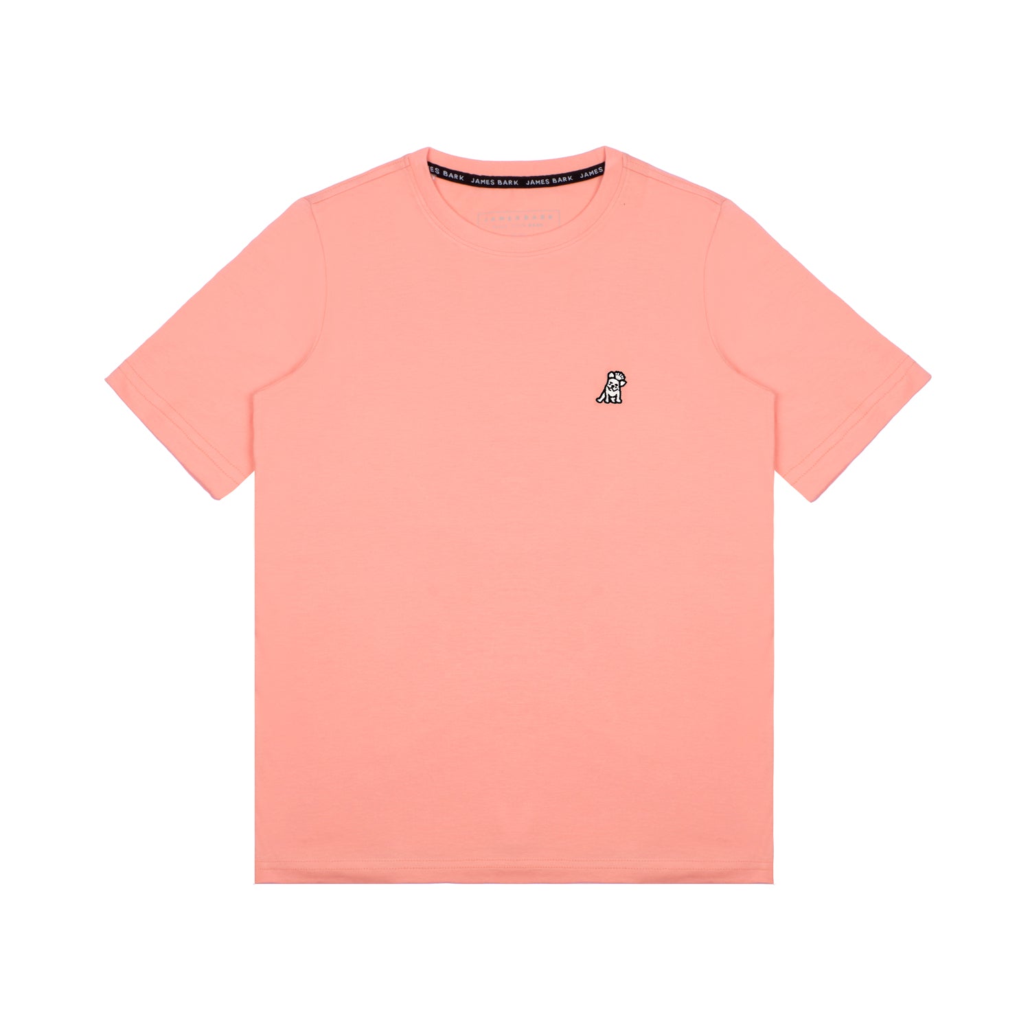 Flat-lay front view of the light pink t-shirt showing the small white embroidered logo on the chest.