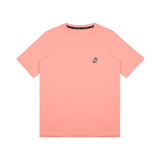 Flat-lay front view of the light pink t-shirt showing the small white embroidered logo on the chest.