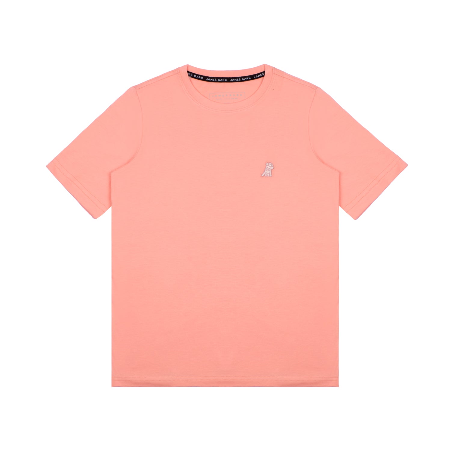 Flat-lay front view of the light pink t-shirt showing the small white embroidered logo on the chest.