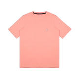 Flat-lay front view of the light pink t-shirt showing the small white embroidered logo on the chest.