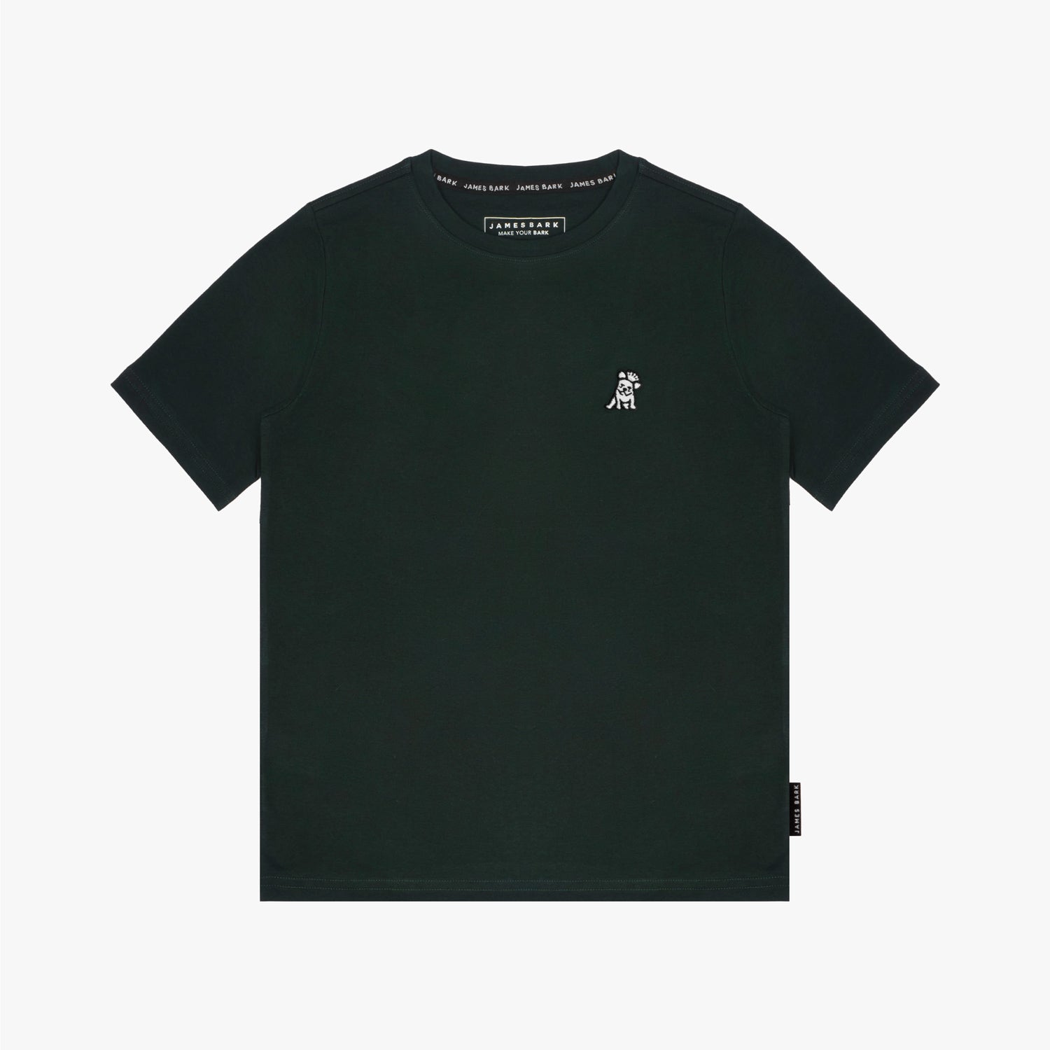 Flat-lay front view of the black t-shirt showing the small white embroidered logo on the chest.