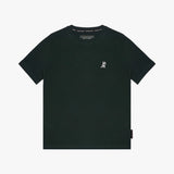 Flat-lay front view of the black t-shirt showing the small white embroidered logo on the chest.