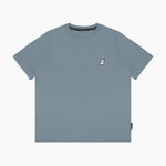 Flat-lay front view of the gray t-shirt showing the small embroidered logo on the chest.