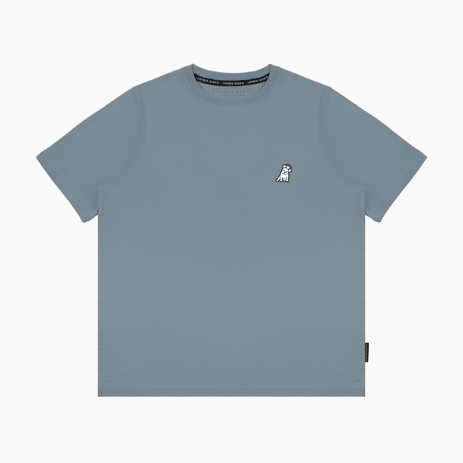 Flat-lay front view of the gray t-shirt showing the small embroidered logo on the chest.