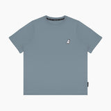 Flat-lay front view of the gray t-shirt showing the small embroidered logo on the chest.