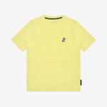 Flat-lay front view of the light yellow t-shirt showing the small white embroidered logo on the chest.