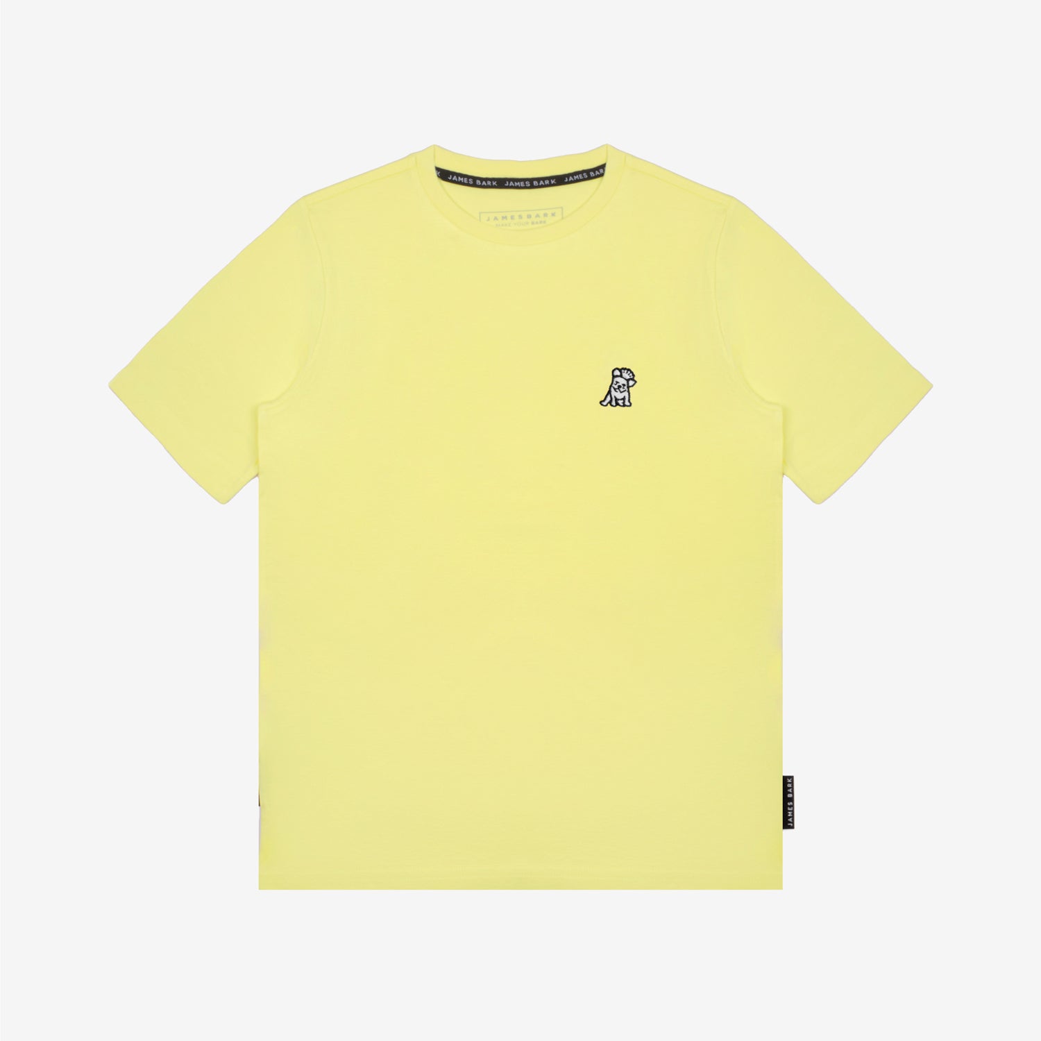 Flat-lay front view of the light yellow t-shirt showing the small white embroidered logo on the chest.