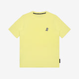 Flat-lay front view of the light yellow t-shirt showing the small white embroidered logo on the chest.