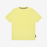 Flat-lay front view of the light yellow t-shirt showing the small embroidered logo on the chest.