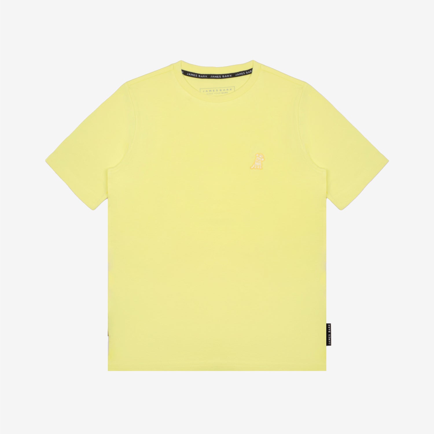 Flat-lay front view of the light yellow t-shirt showing the small embroidered logo on the chest.