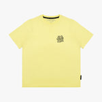 Flat lay of the yellow T-shirt with text graphic on the chest.