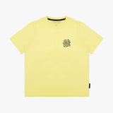 Flat lay of the yellow T-shirt with text graphic on the chest.